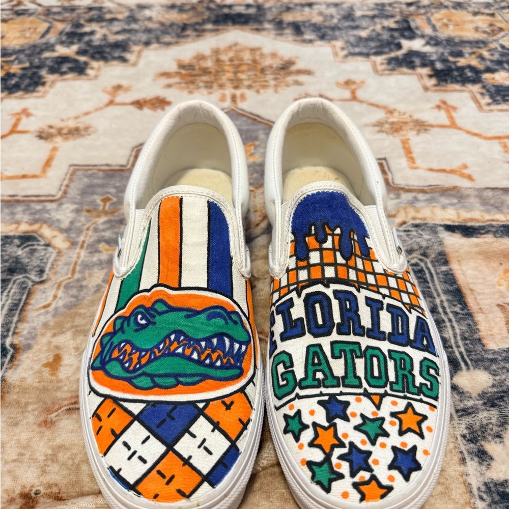 Vans Custom Slip-On Shoes with Orange, Blue, and Green Design